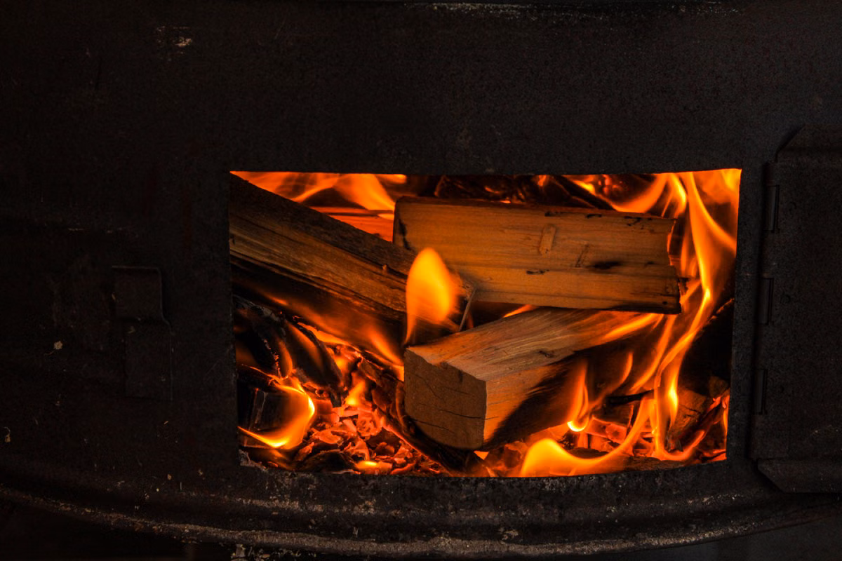 Split firewood logs burning inside a black wood-burning stove, seen through its open door.